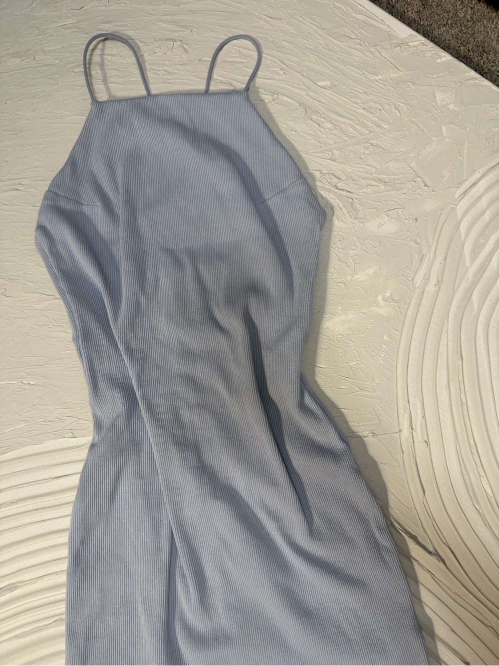 H&M Pale Blue Ribbed Mini Slip Dress with Spaghetti Straps